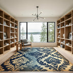 Navy Blue Damask Ornate Scroll Rug