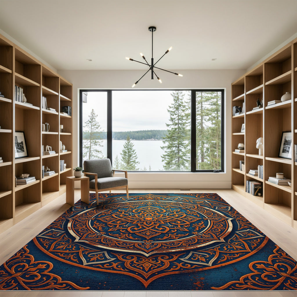 Ornate Blue Orange Mandala Geometric Rug
