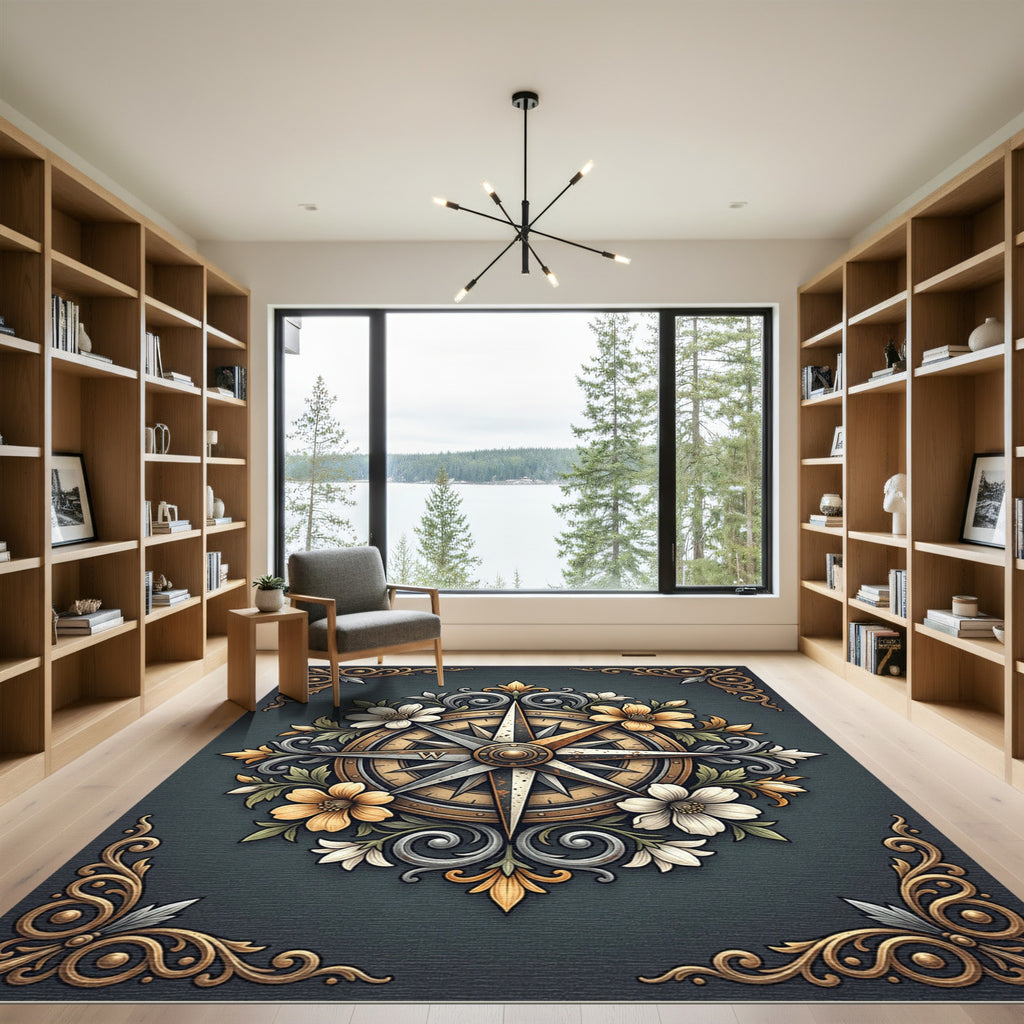 Elegant Gold Compass Floral Medallion Rug