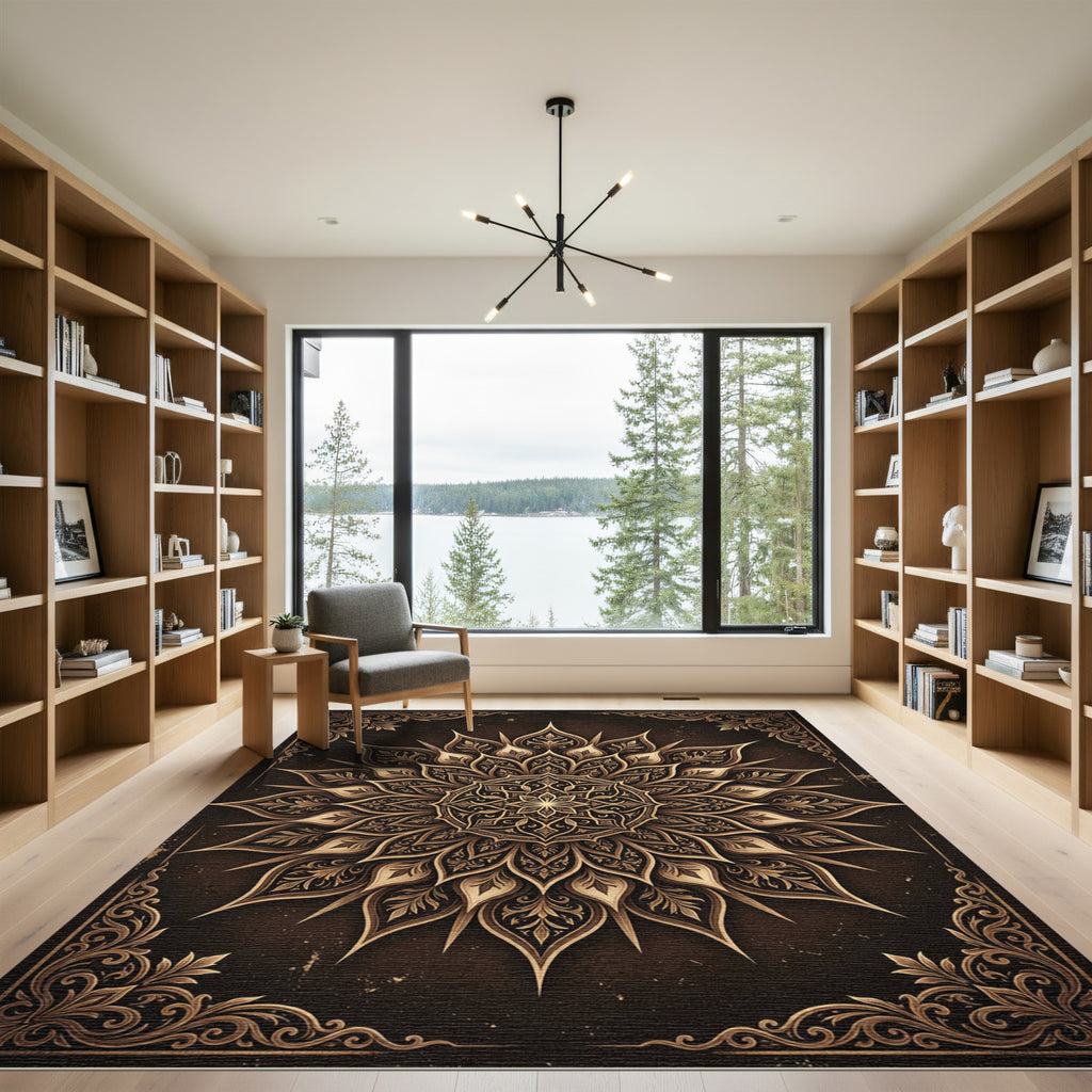 Intricate Golden Mandala Brown Floral Rug