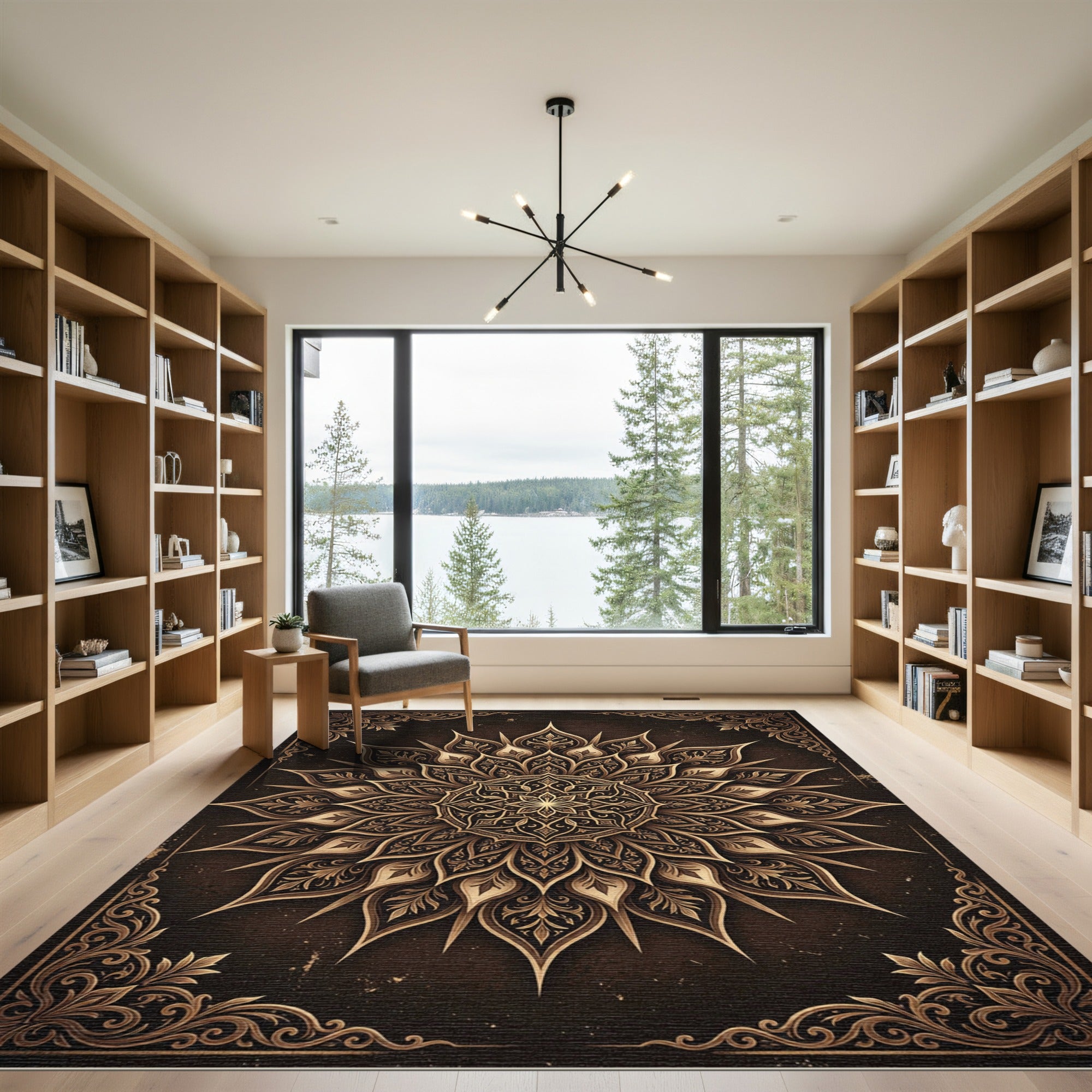 Intricate Golden Mandala Brown Floral Rug