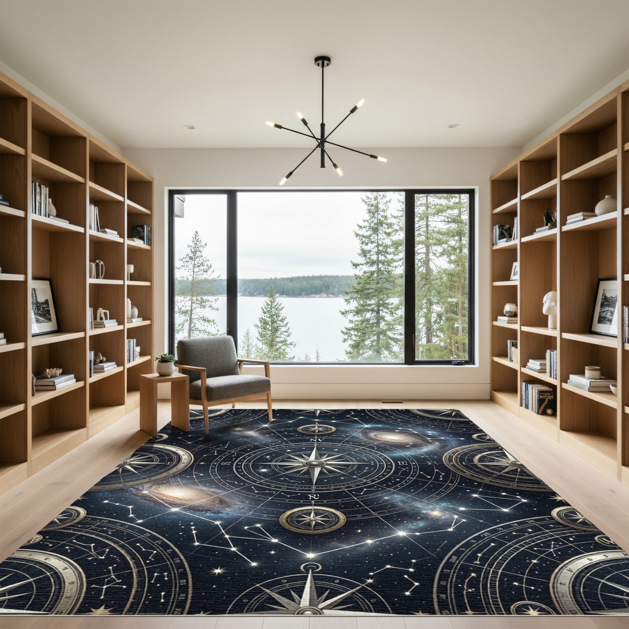 Celestial Gold Compass Galaxy Night Sky Rug