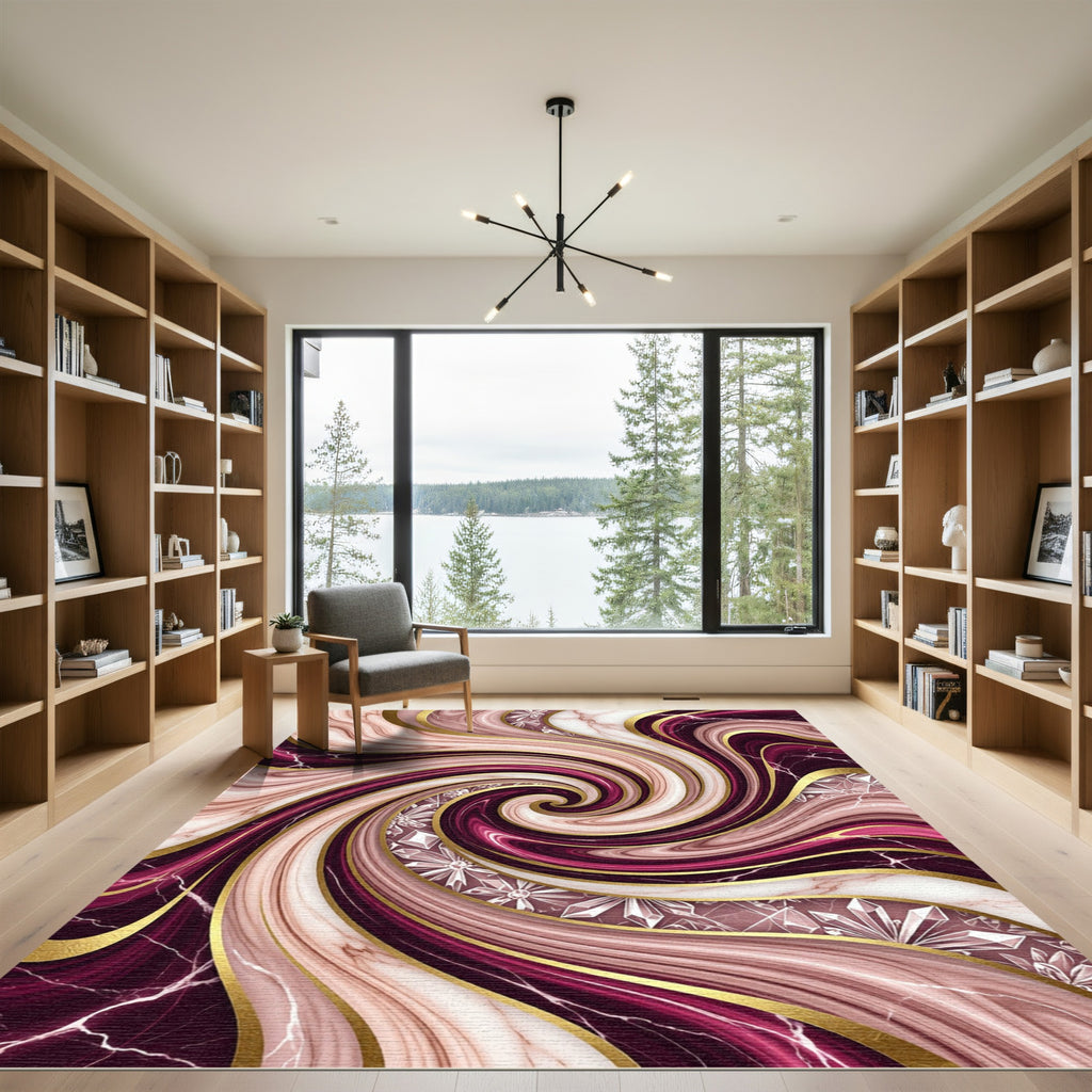 Crimson Gold Swirl Marble Accents Rug