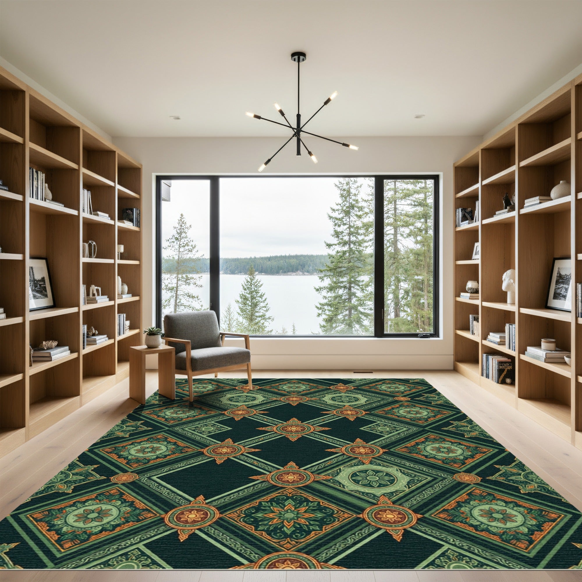 Emerald Geometric Lattice Floral Medallion Rug