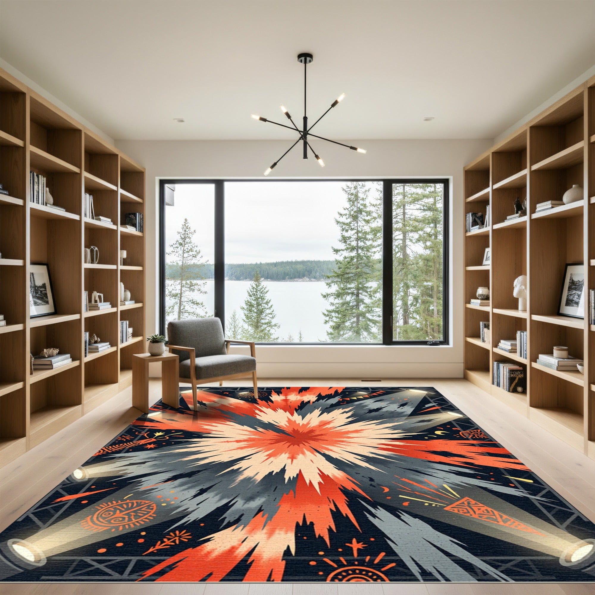 Crimson Orange Burst Spotlight Explosion Rug