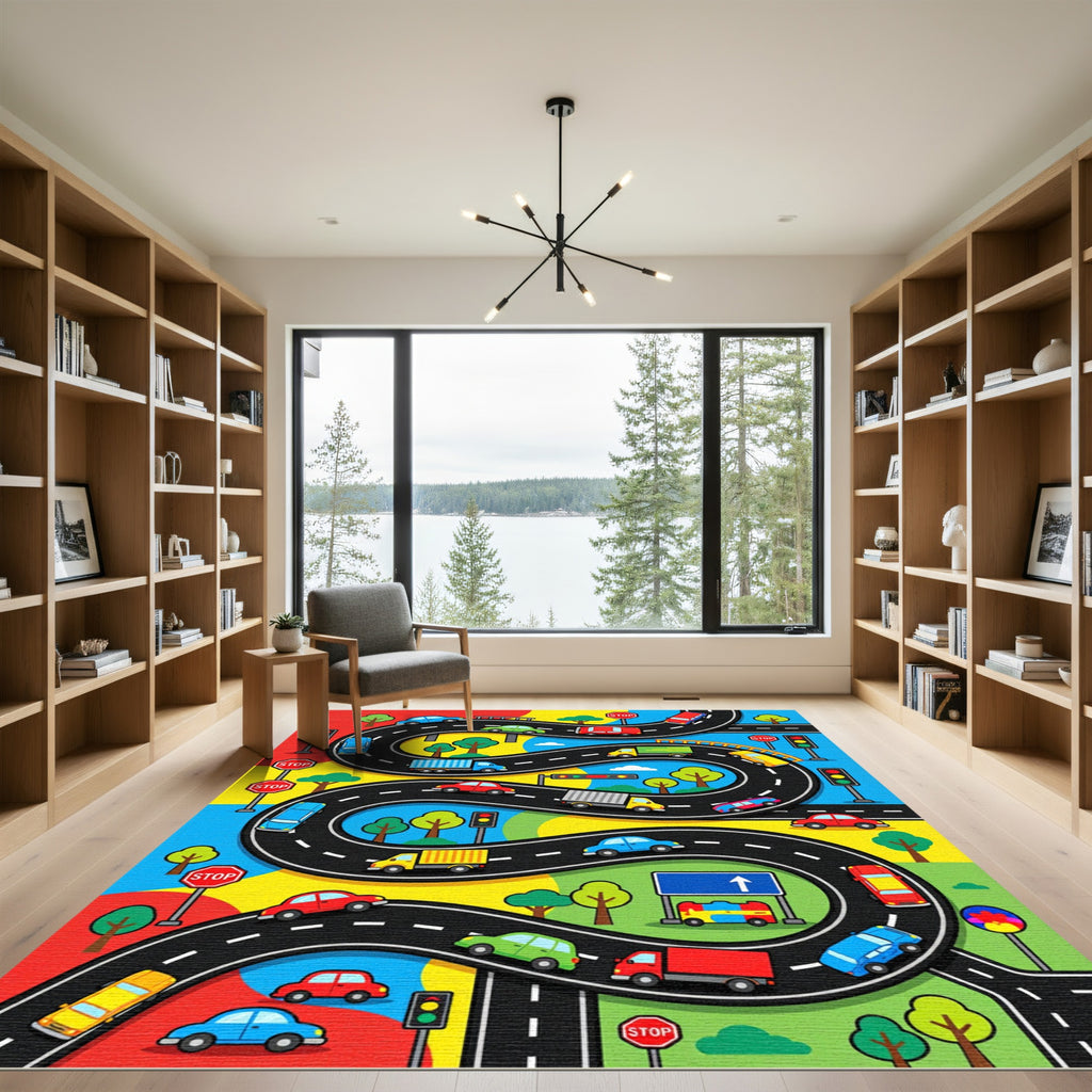 Vibrant Winding Road Traffic Cityscape Rug