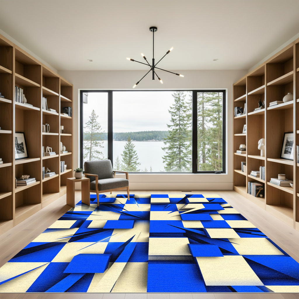 Blue Yellow 3D Checkerboard Abstract Rug