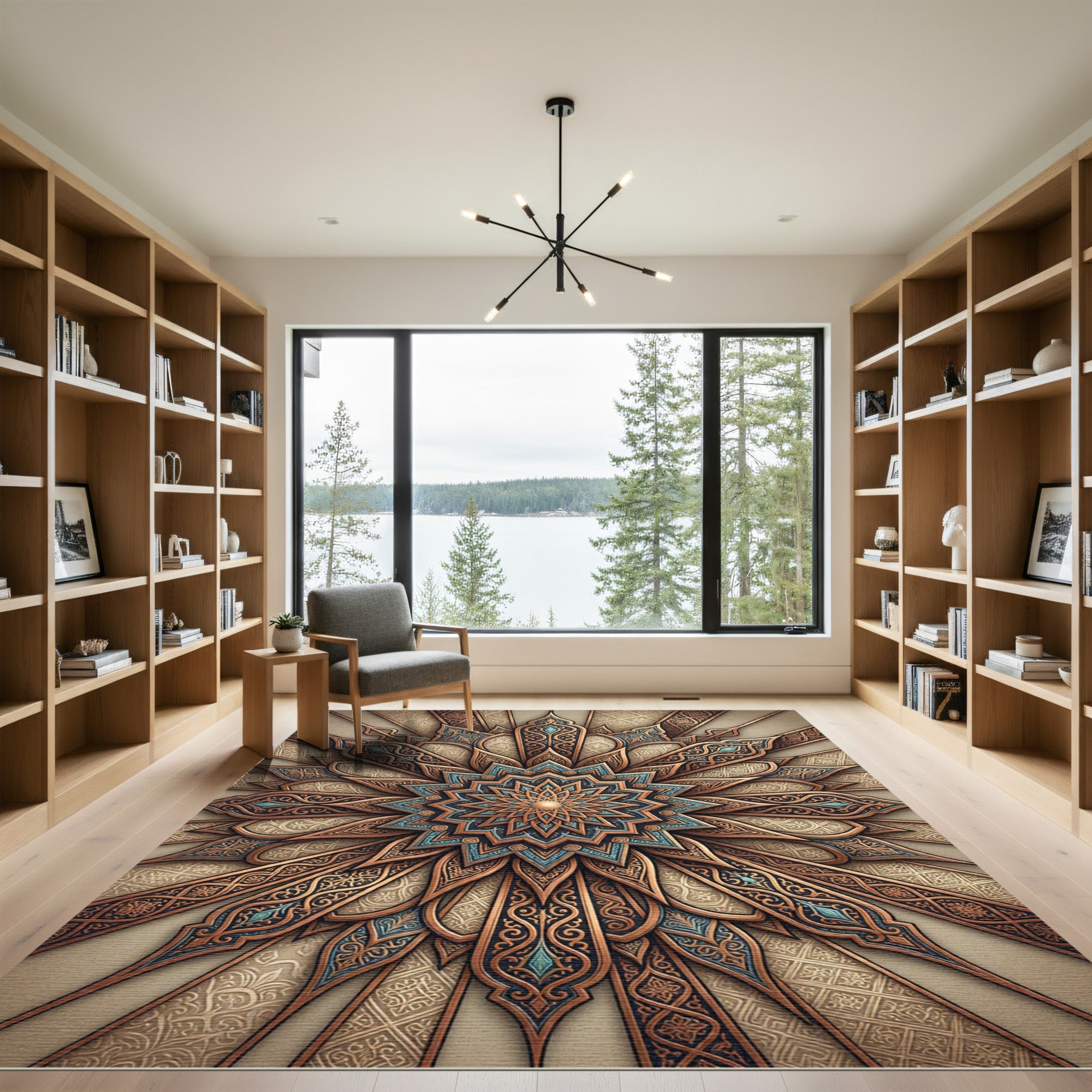 Intricate Teal Bronze Sunburst Medallion Rug
