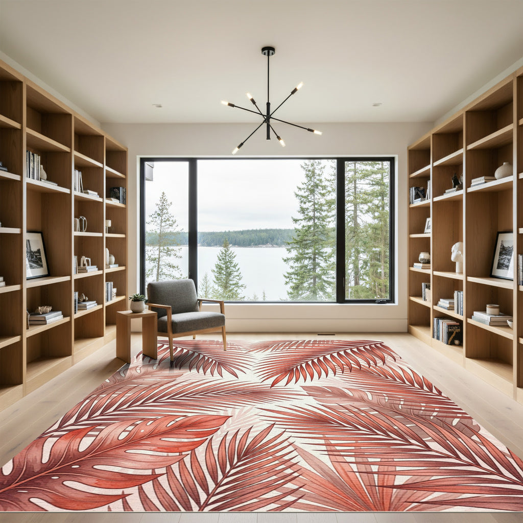 Lush Terracotta Tropical Palm Leaves Rug