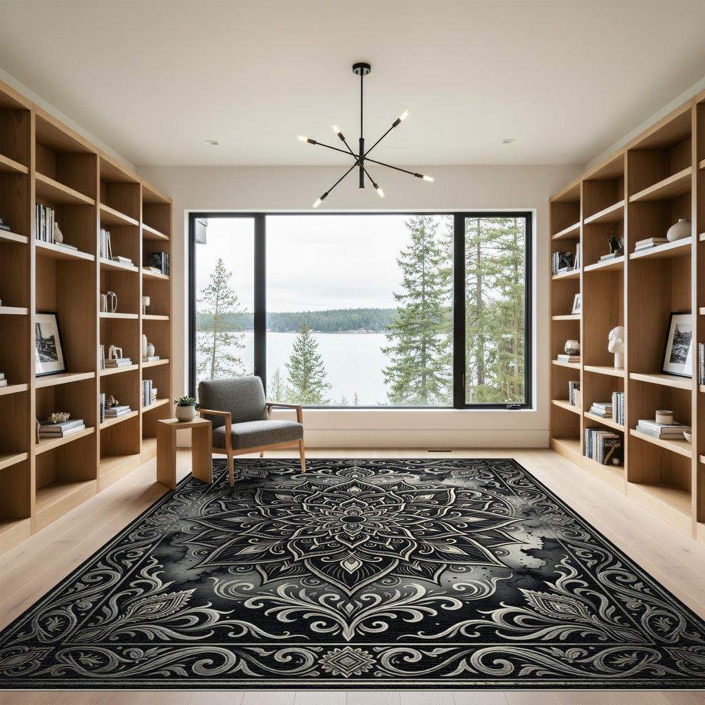 Ornate Charcoal Silver Lotus Medallion Rug
