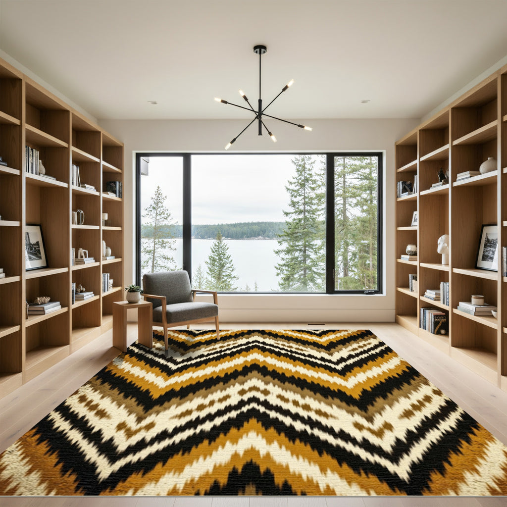 Earthy Ochre Chevron Ikat Geometric Rug