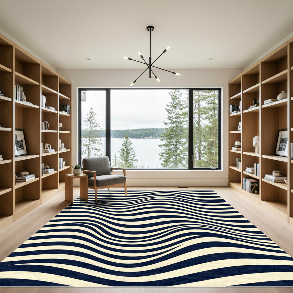Minimalist Navy and Cream Wavy Lines Rug