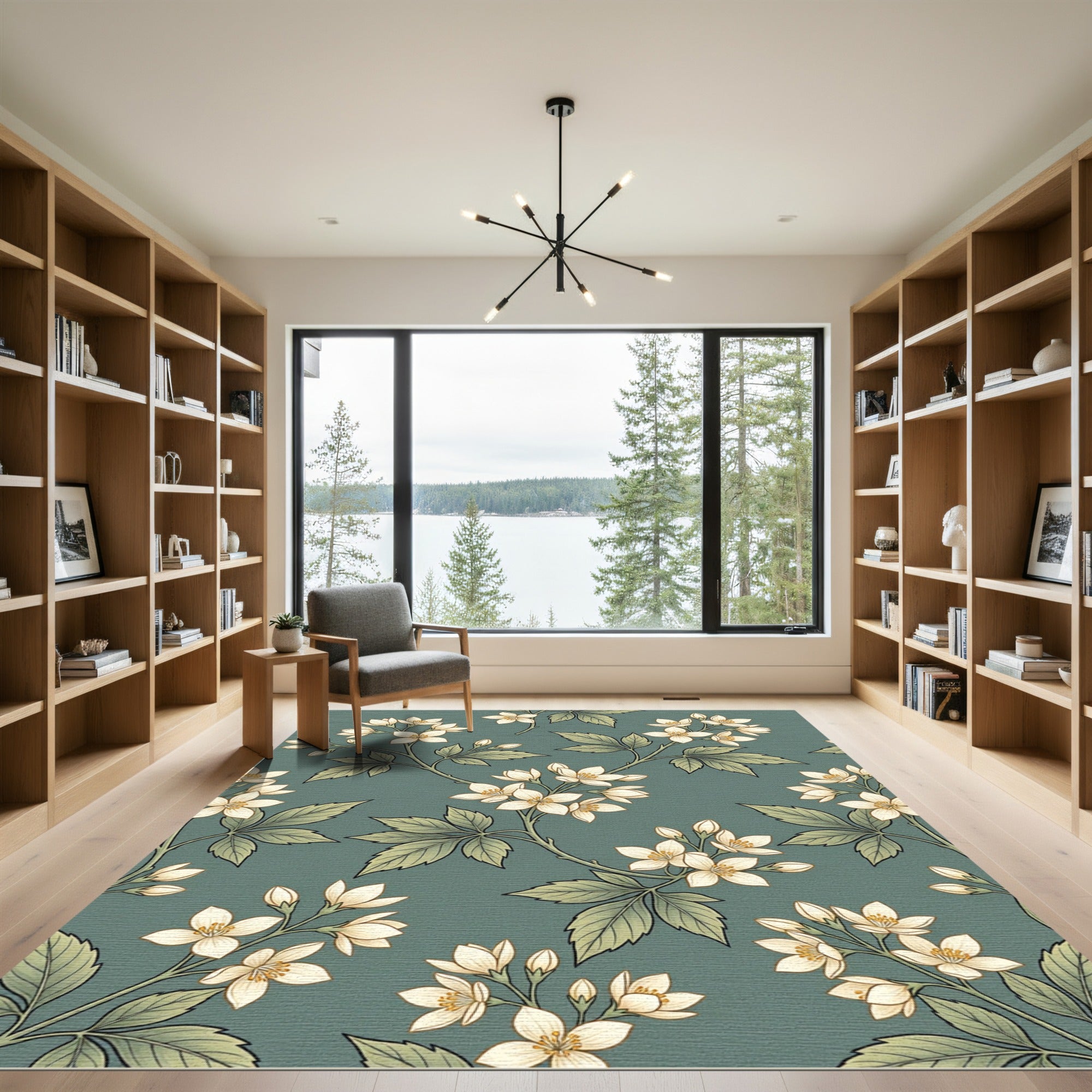 Elegant Sage Botanical Jasmine Blossom Rug