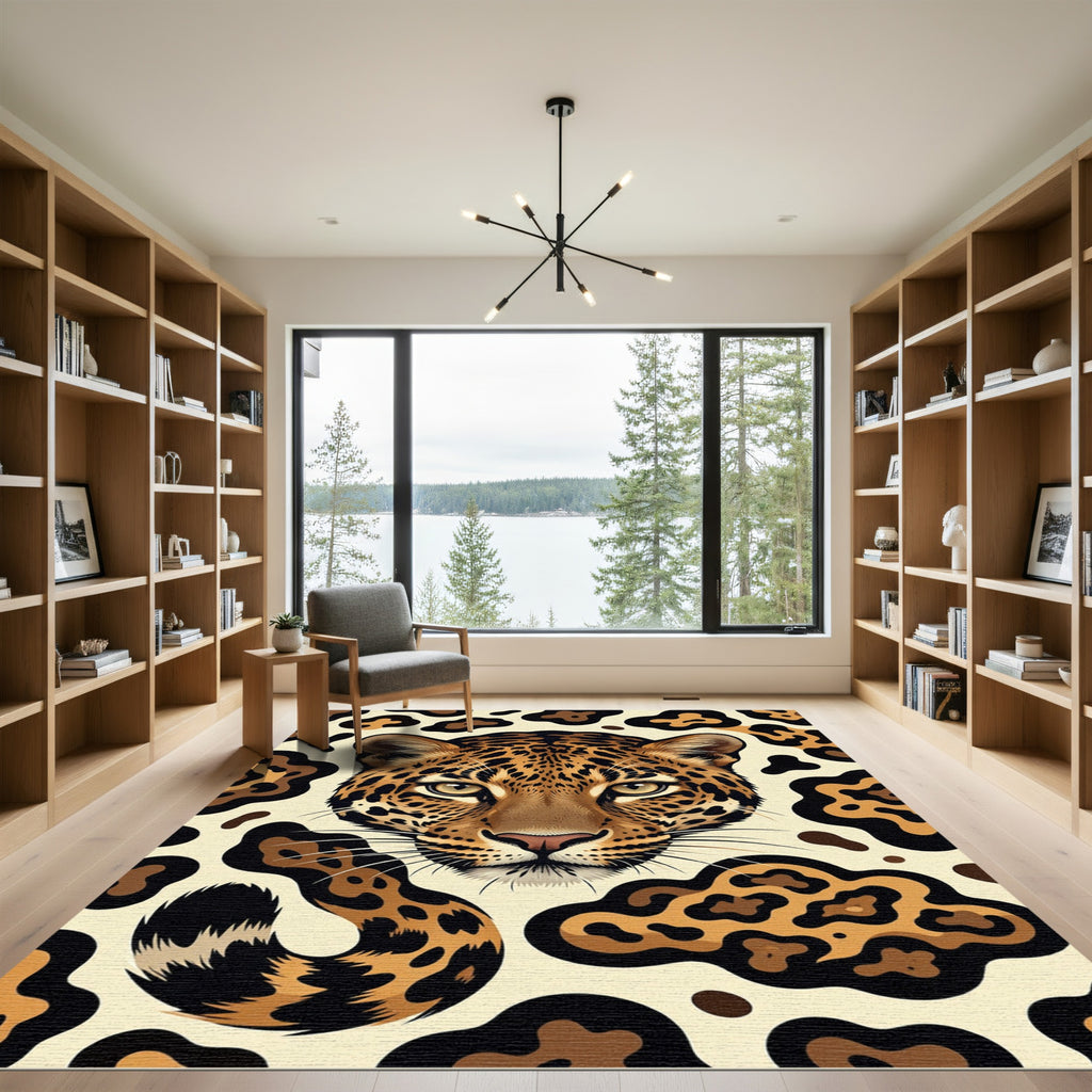Bold Golden Leopard Face Abstract Rug