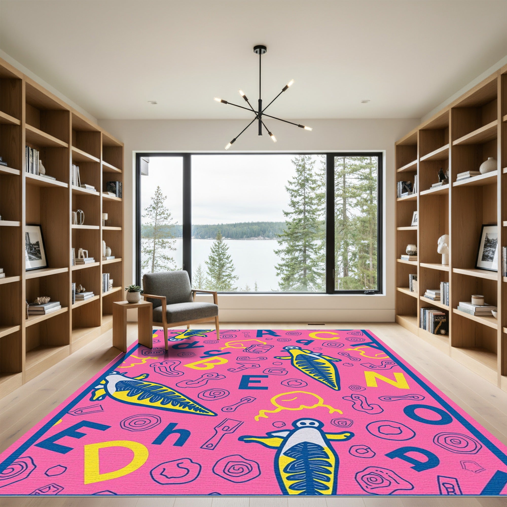 Whimsical Yellow Fish Pink Alphabet Rug