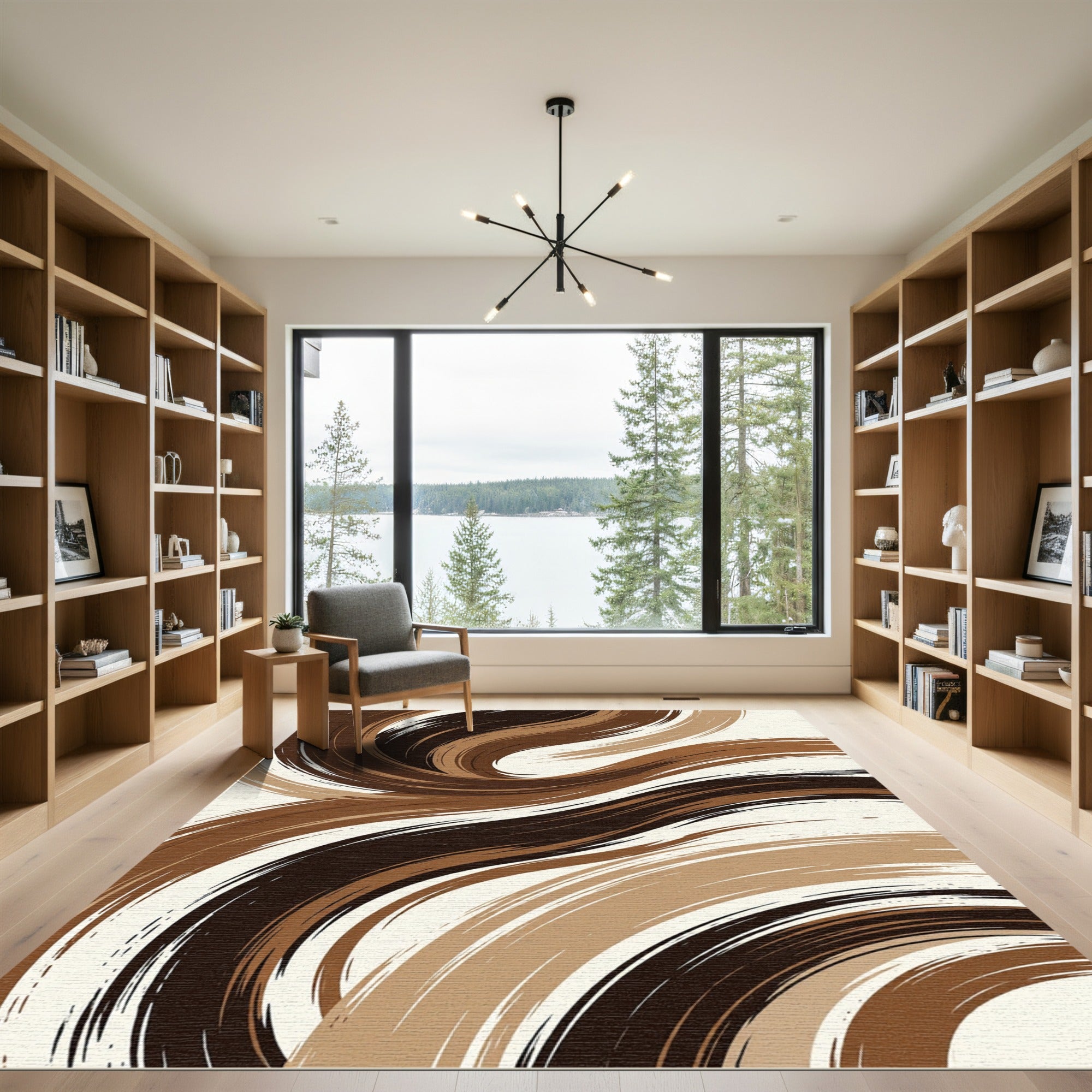 Abstract Brown Swirl Wave Art Rug