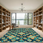 Teal Gold Geometric Diamond Floral Rug