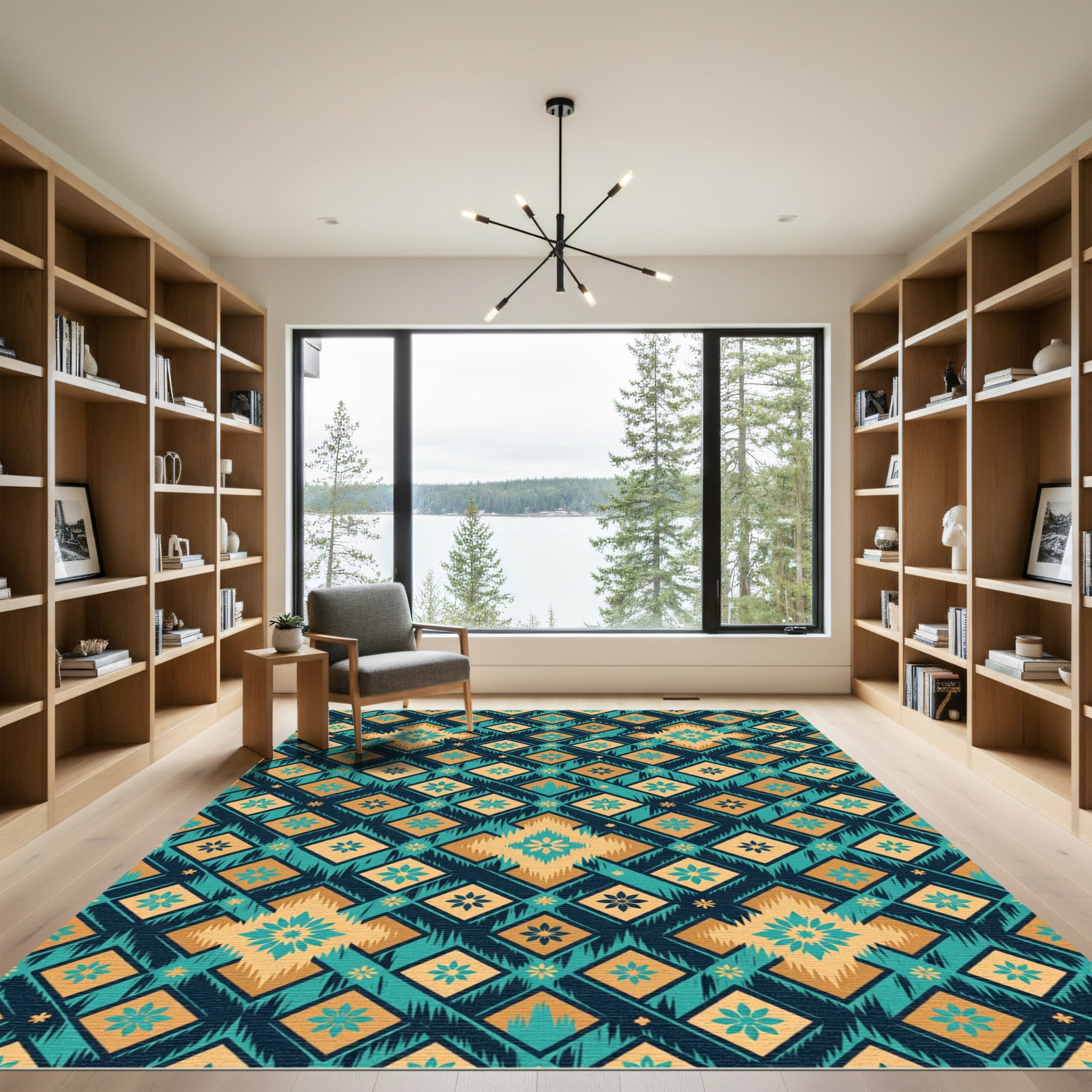 Teal Gold Geometric Diamond Floral Rug