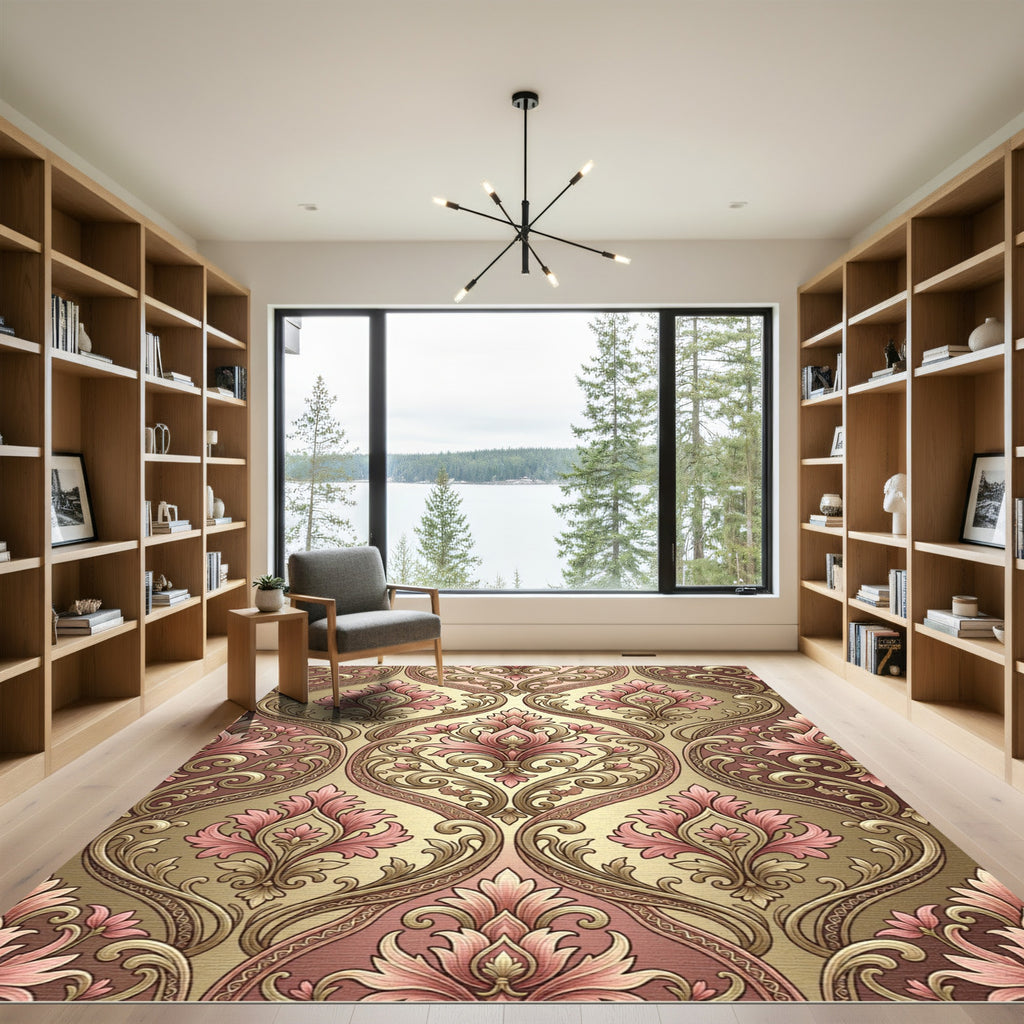 Ornate Pink Floral Damask Gold Rug