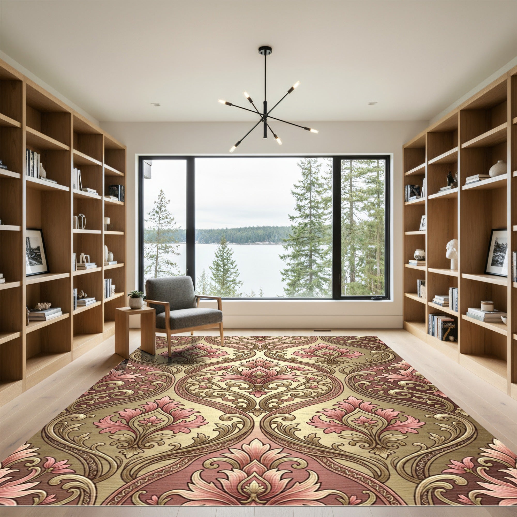 Ornate Pink Floral Damask Gold Rug