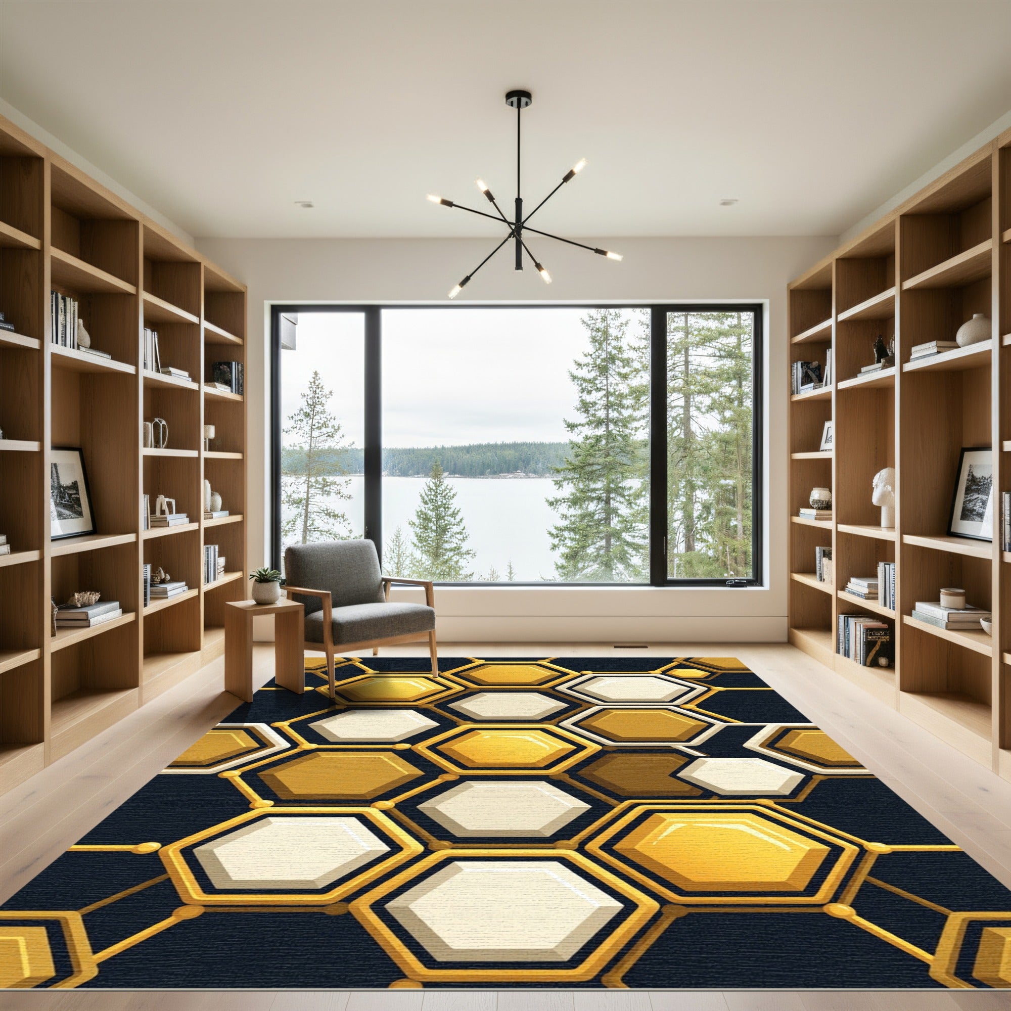 Golden Hexagonal Honeycomb Geometric Grid Rug