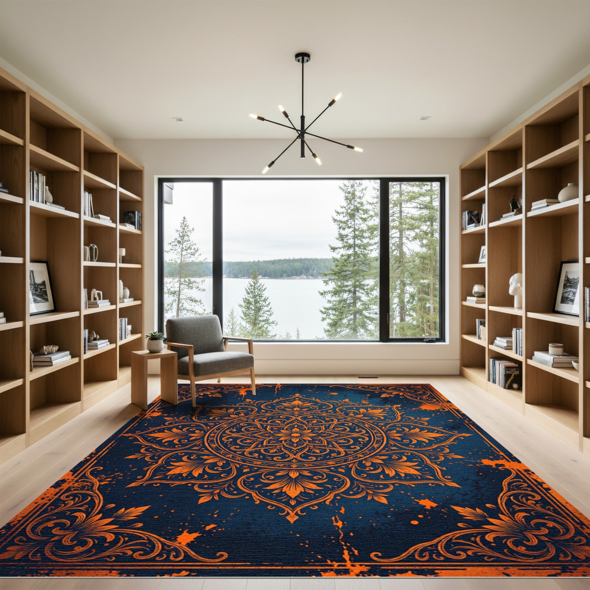 Bold Orange Floral Mandala Cobalt Rug