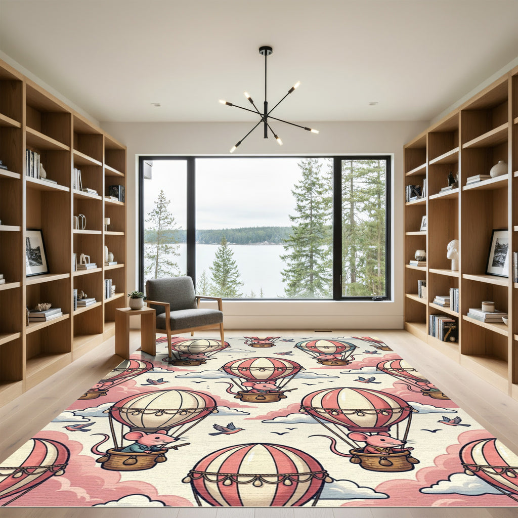 Whimsical Pink Mouse Hot Air Balloon Rug