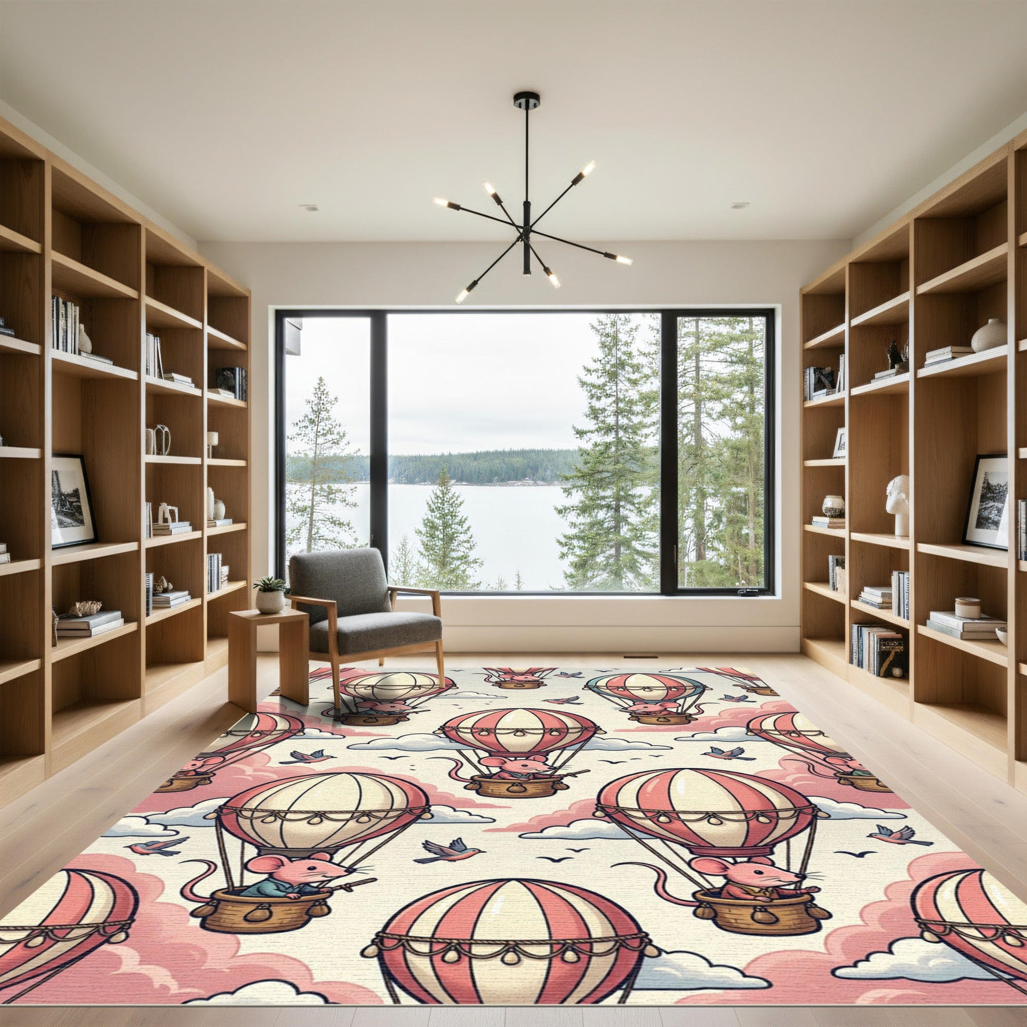 Whimsical Pink Mouse Hot Air Balloon Rug