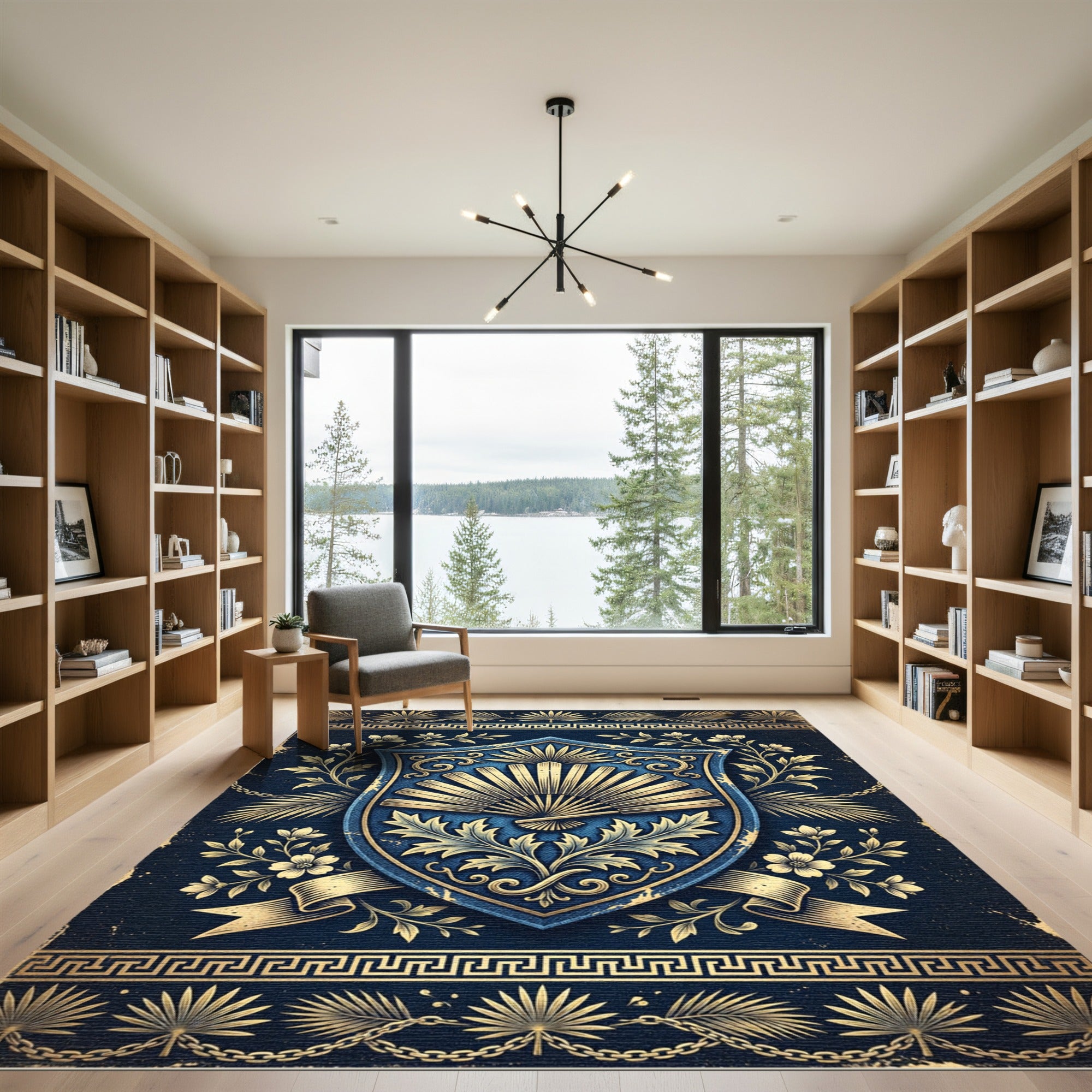 Elegant Navy Golden Fan Crest Rug