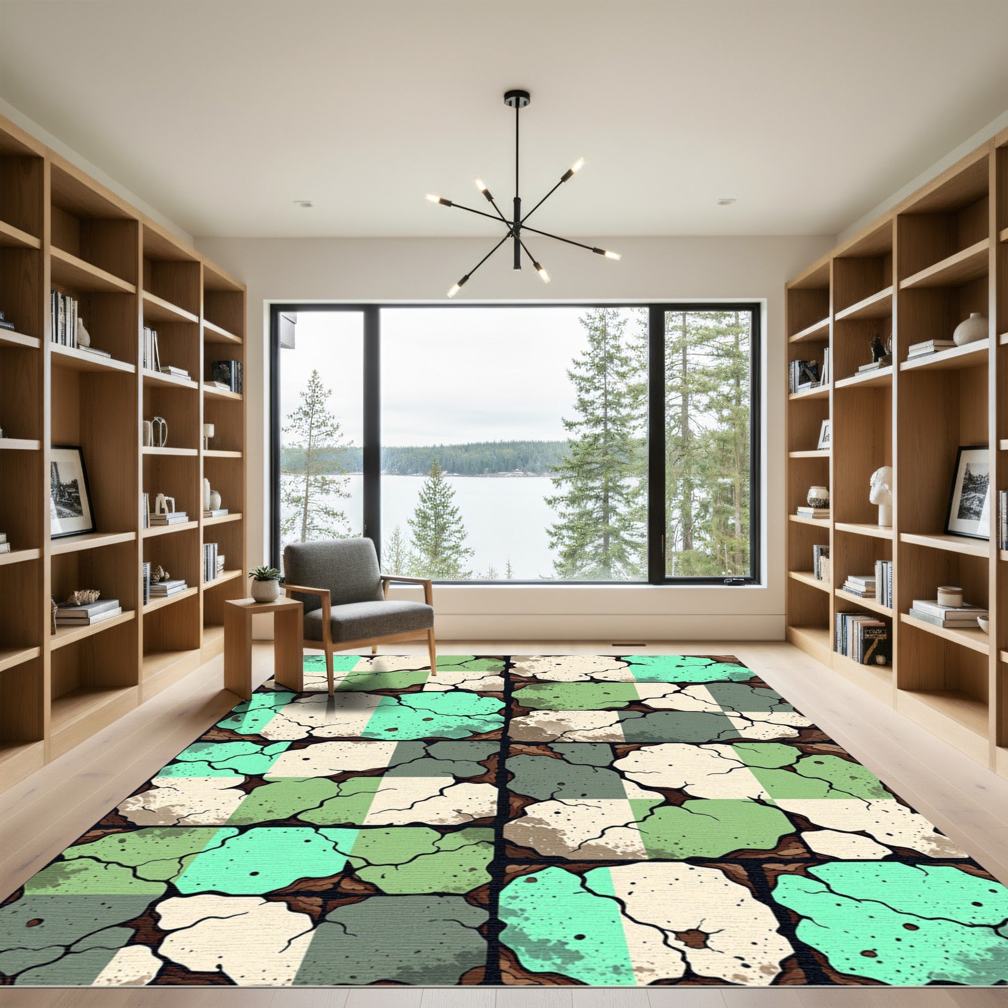 Cracked Tile Green Beige Abstract Composition Rug