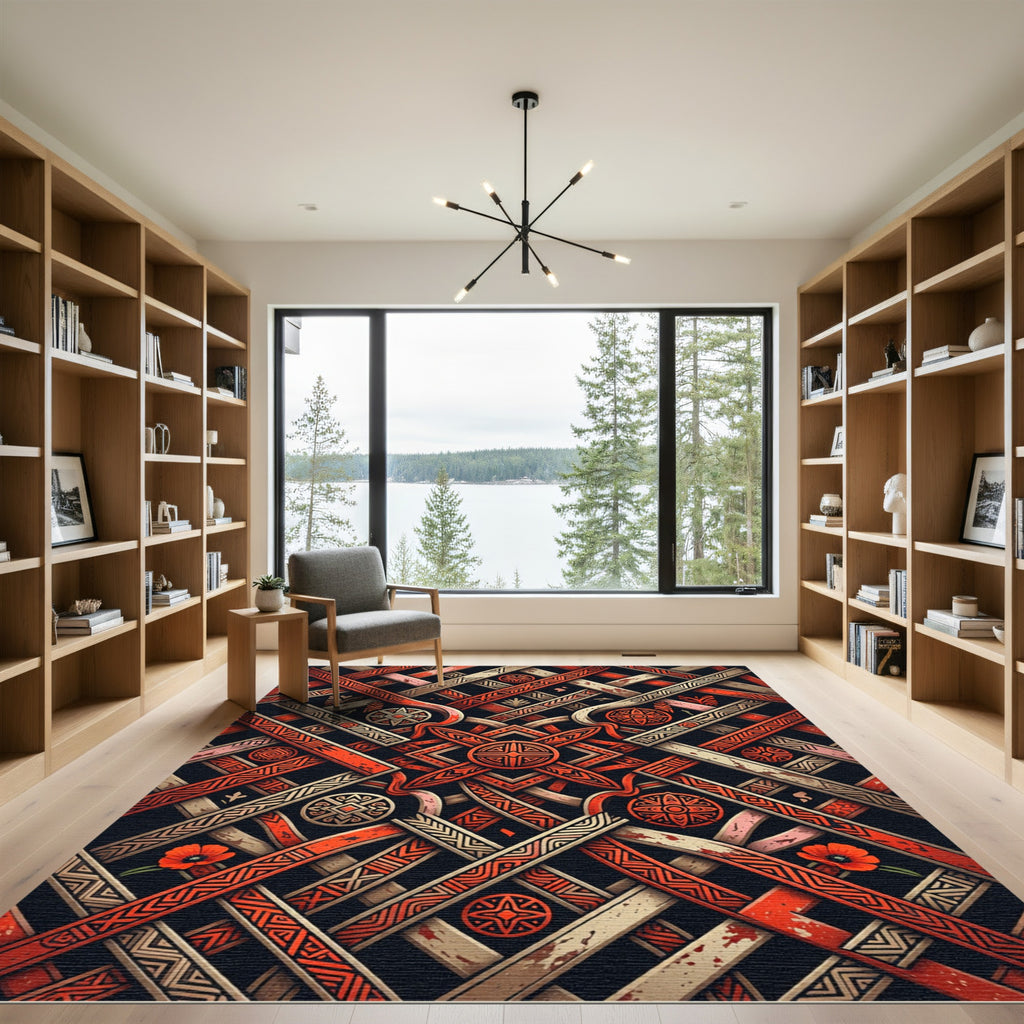 Geometric Crimson Woven Interlocking Lattice Rug