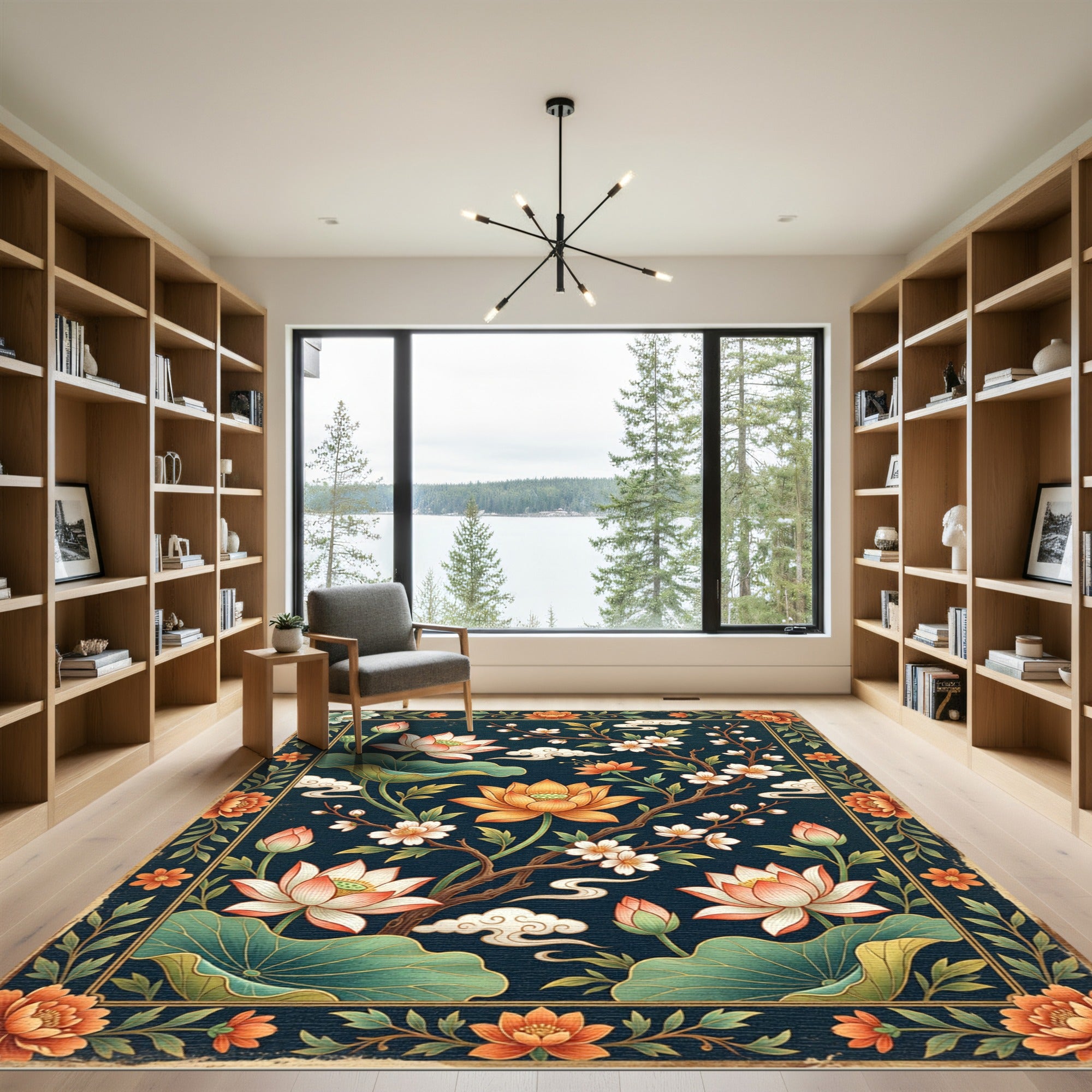 Elegant Navy Lotus Blossom Botanical Rug