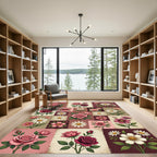 Vintage Blush Rose Daisy Patchwork Grid Rug