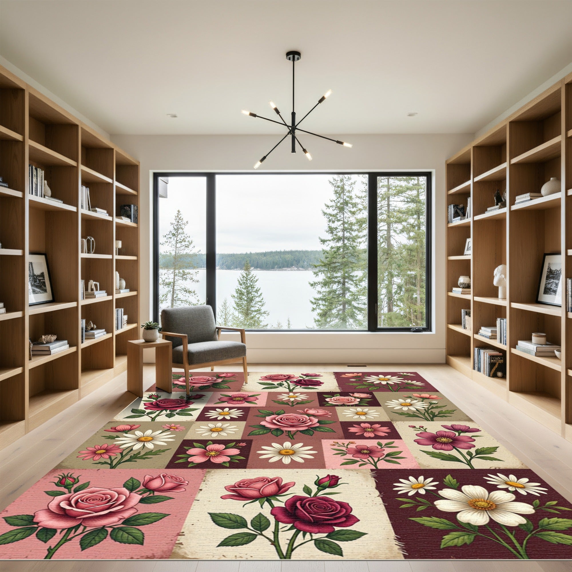 Vintage Blush Rose Daisy Patchwork Grid Rug
