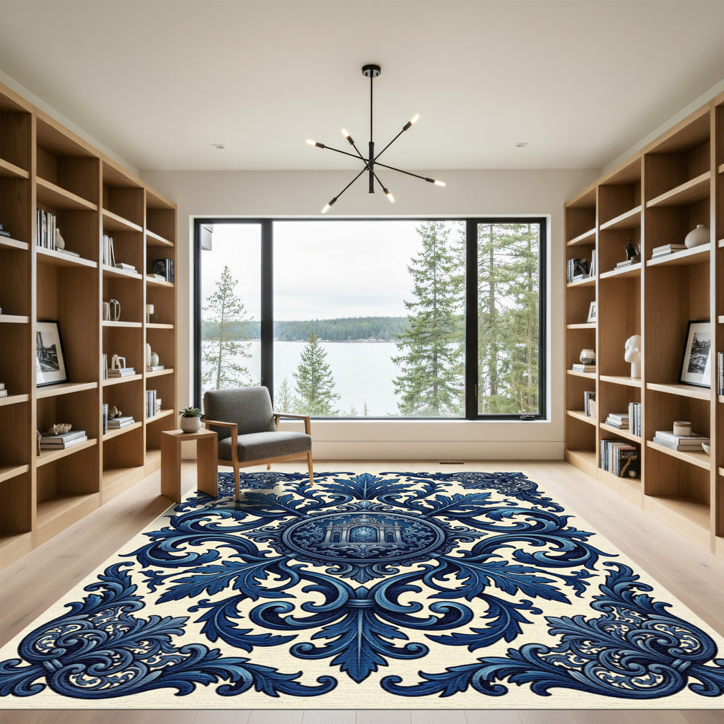 Deep Blue Ornate Architectural Scrollwork Rug
