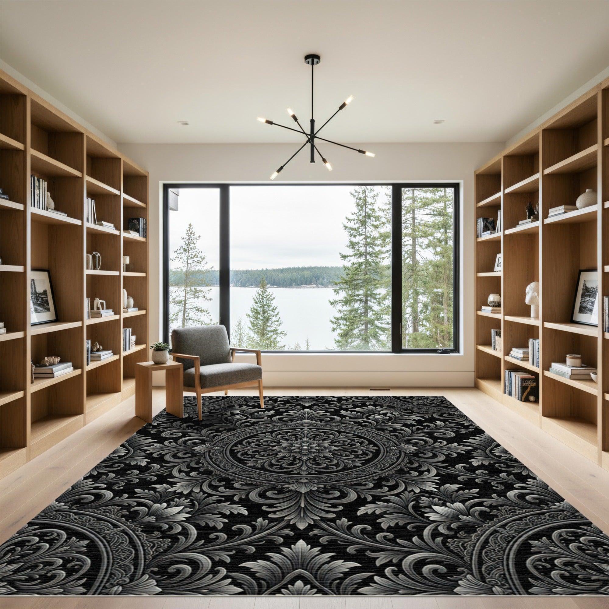 Ornate Silver Floral Damask Rug