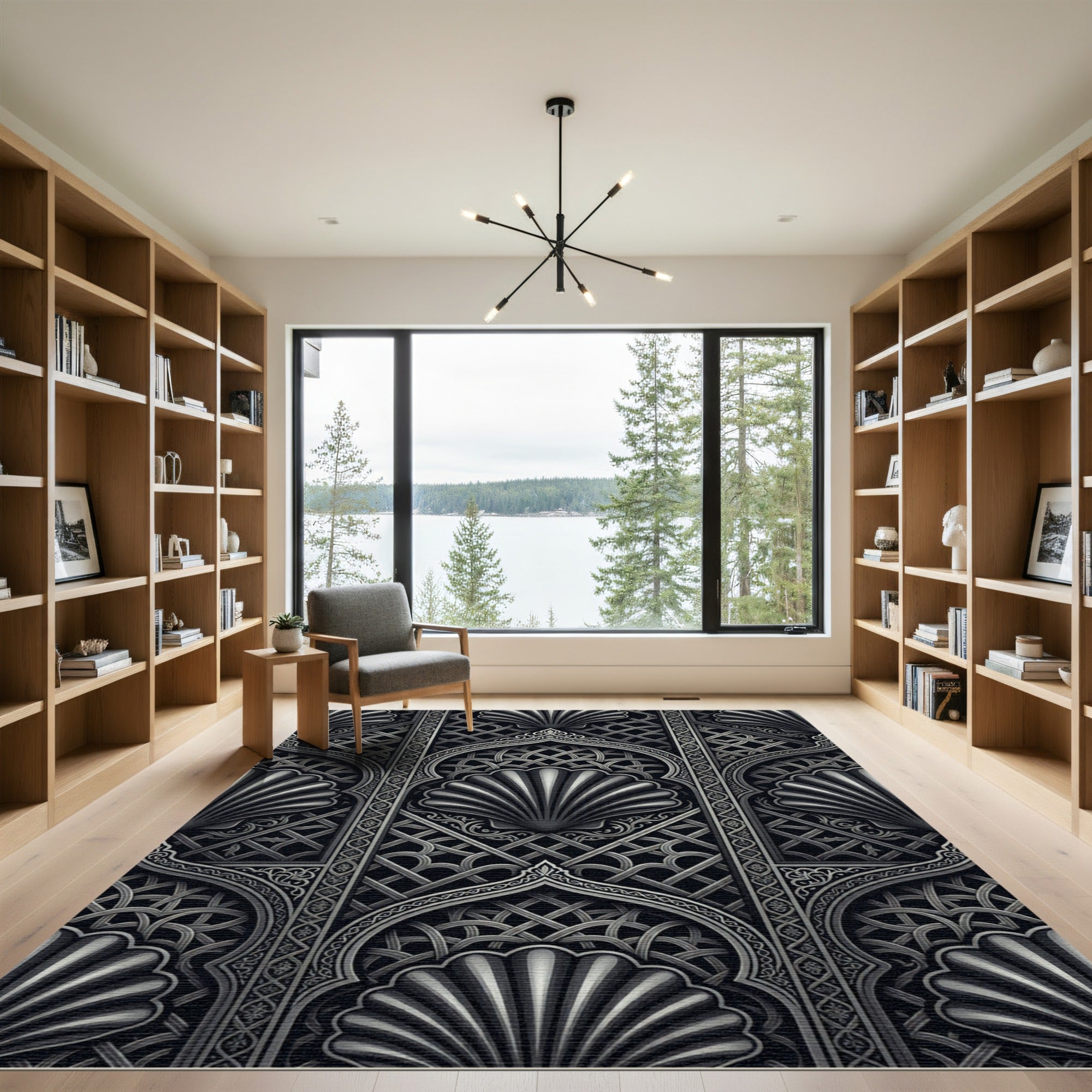Monochrome Ornate Shell Lattice Arch Rug