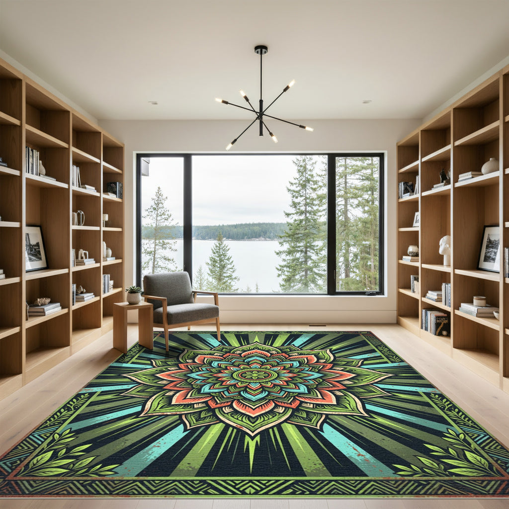 Radiant Green Boho Floral Mandala Rug