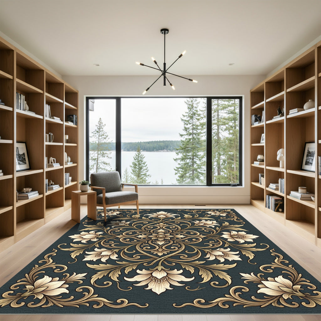 Elegant Gold Floral Damask Charcoal Rug