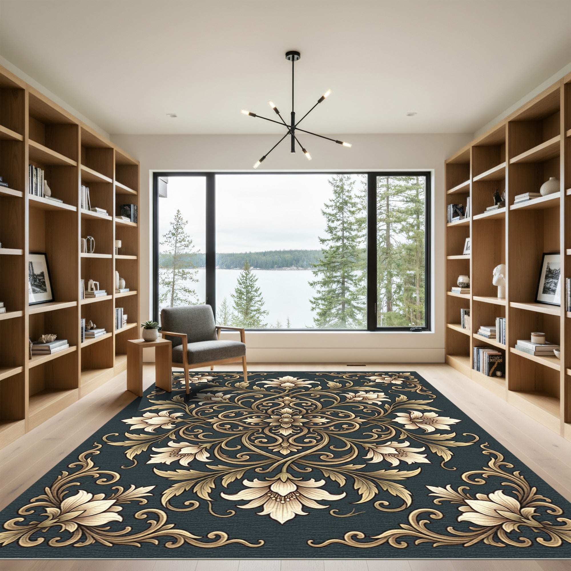 Elegant Gold Floral Damask Charcoal Rug