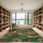Isometric Green Forest Cabin Village Rug