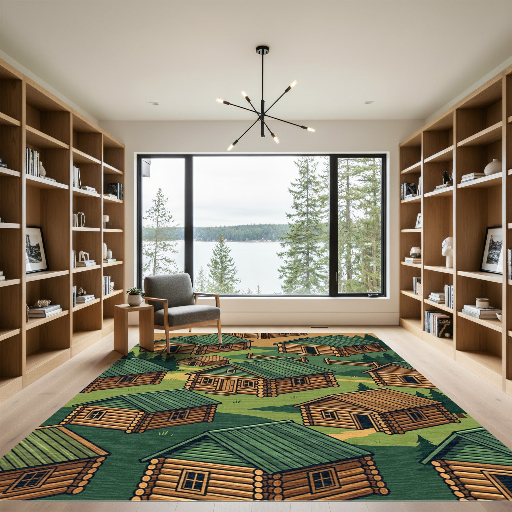 Isometric Green Forest Cabin Village Rug