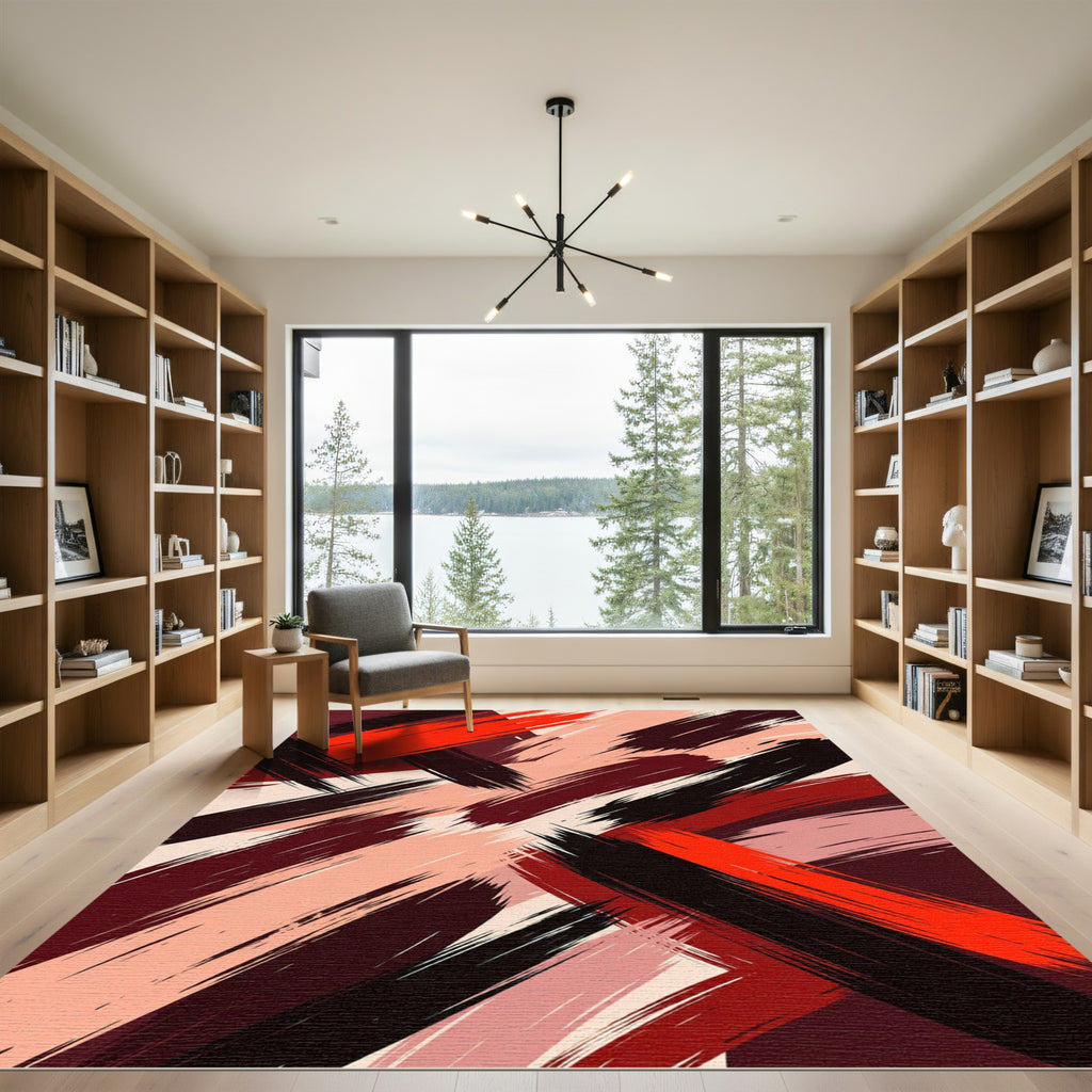 Bold Crimson Brushstrokes Abstract Rug