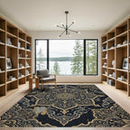 Intricate Golden Mandala Navy Ornate Tapestry Rug