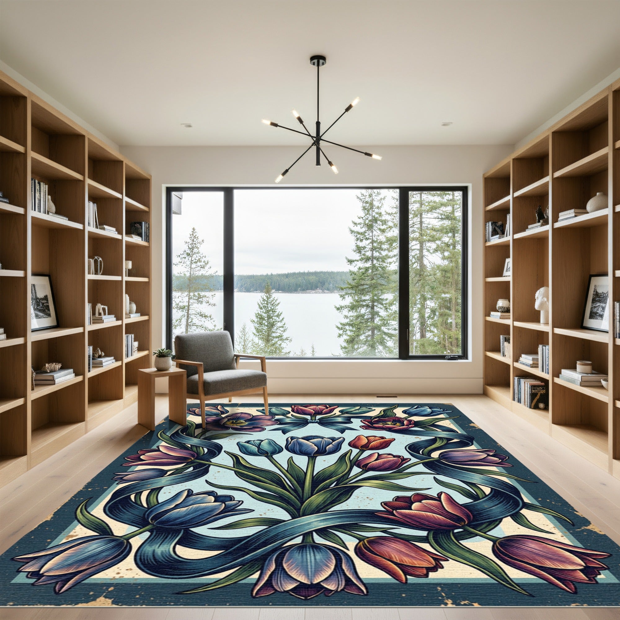 Enchanted Vintage Navy Tulip Ribbon Bouquet Rug