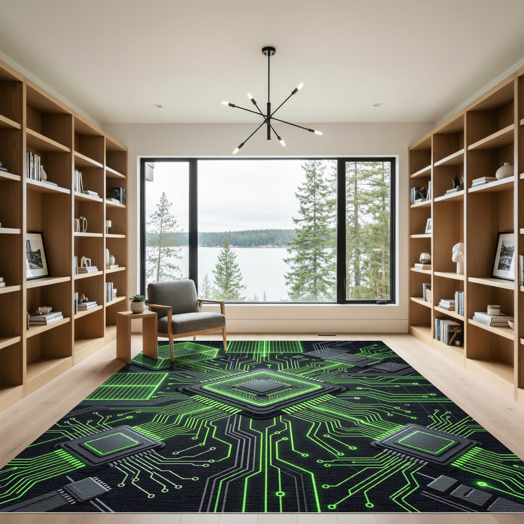 Neon Cyber Grid Circuitry Futuristic Art Rug