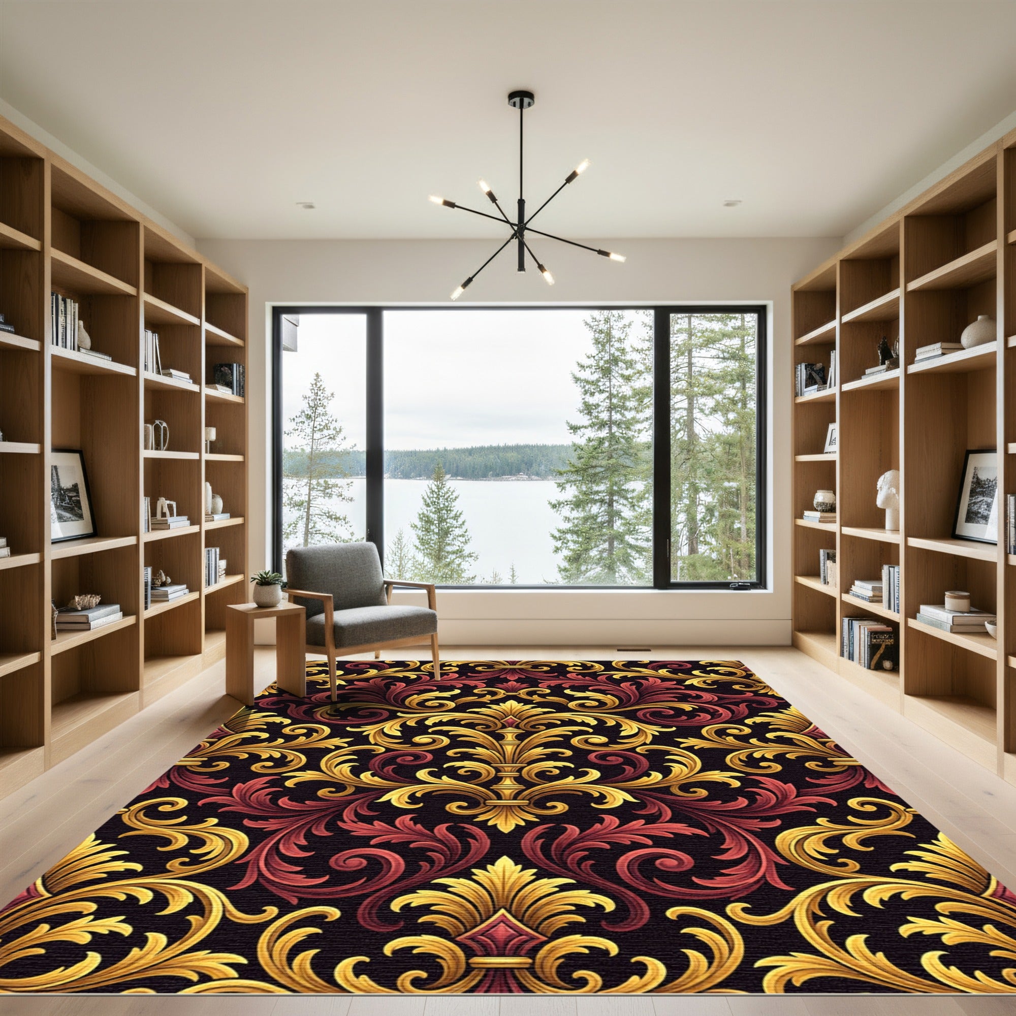 Ornate Gold and Crimson Damask Rug