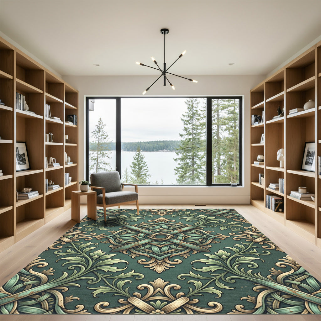 Emerald Green Filigree Scrollwork Rug