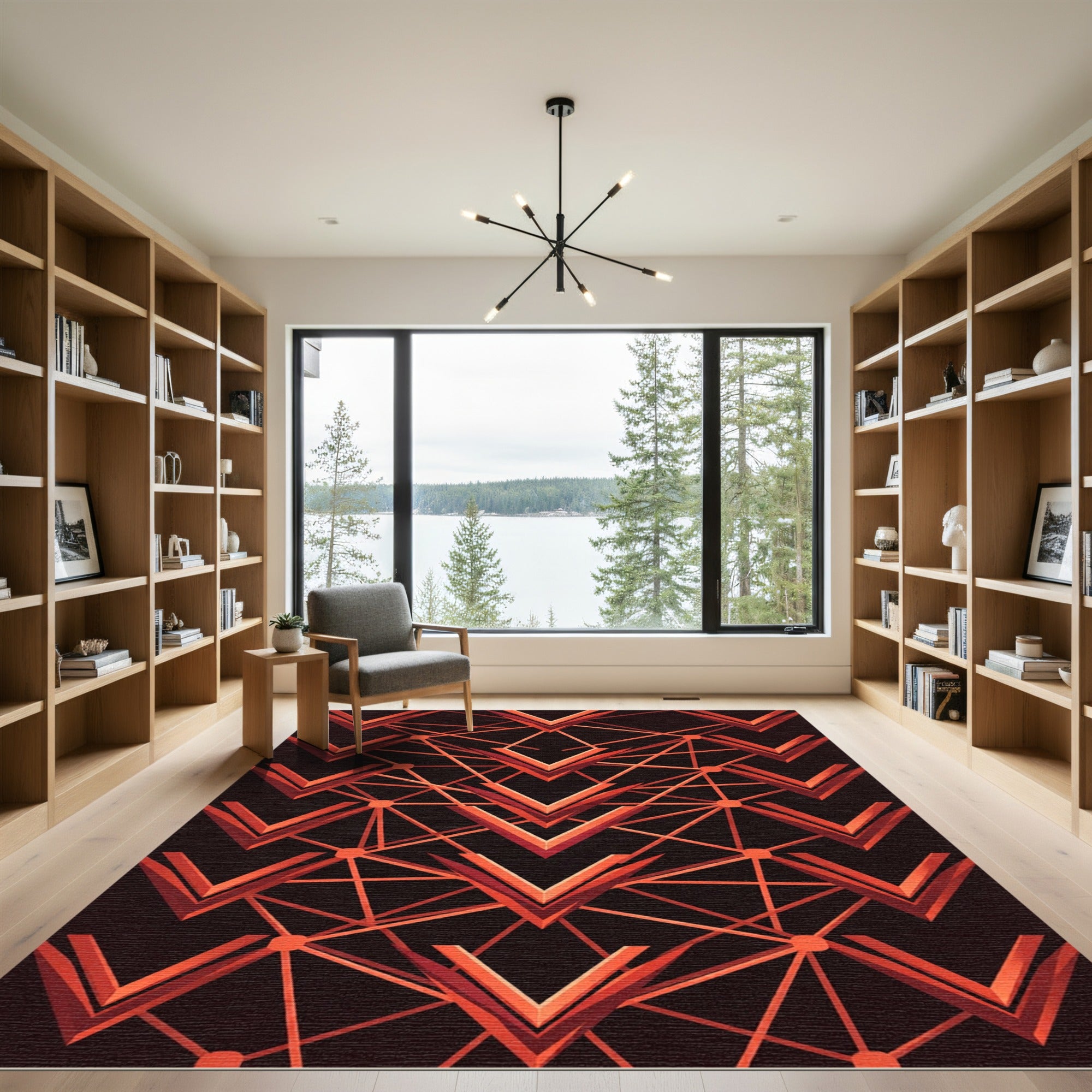 Abstract Geometric Red Chevron Network Rug