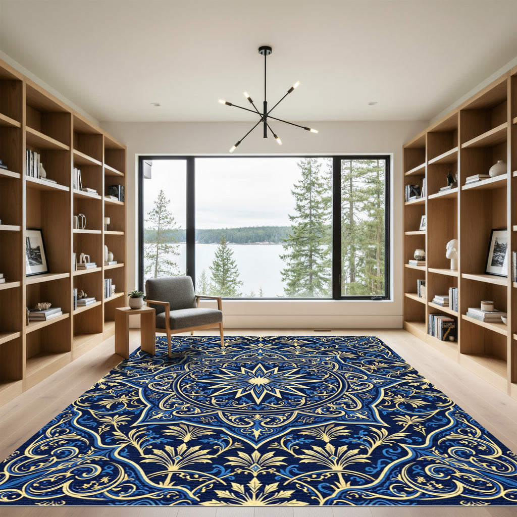 Navy Blue Golden Radiant Star Medallion Rug